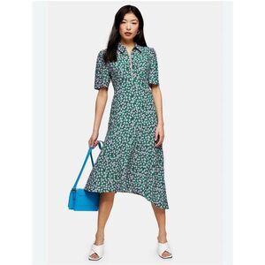 TopShop Ditzy Zip Neck Pink & Green Floral Empire Waist Short Puff Sleeve Dress
